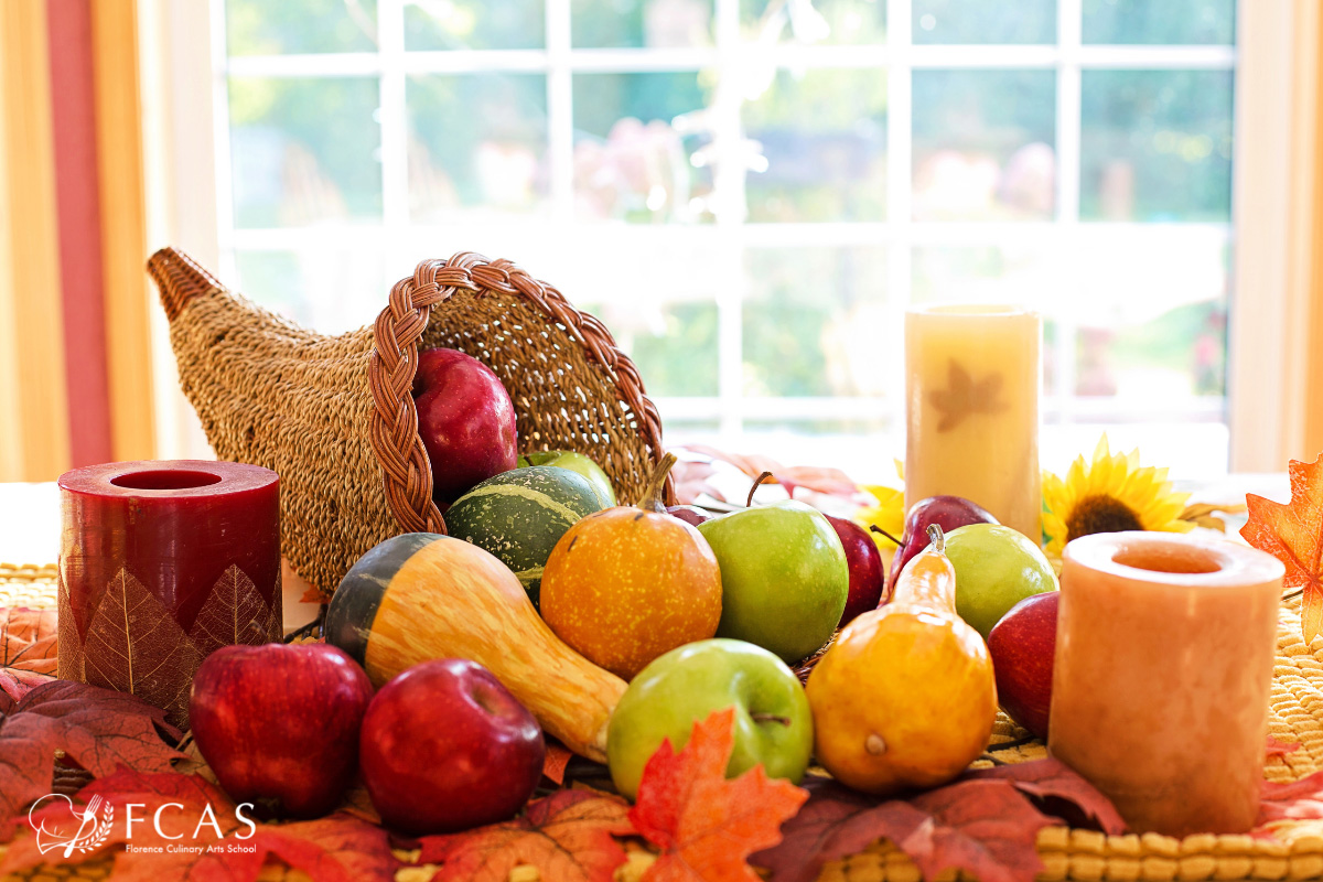 イタリア料理留学　イタリア秋の味覚　テーブルの上に置かれた秋の野菜や果物