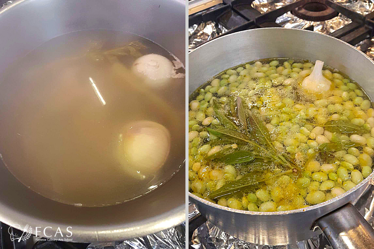 イタリア料理留学　シェフ養成コース　授業の様子、大きな鍋で野菜を煮込んでいるところ